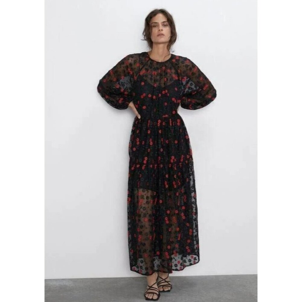 Zara Dress Black Red Floral Embroidered Maxi Sheer Romantic